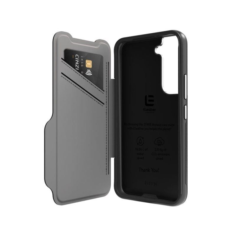 EFM Monaco Leather Wallet Case Armour with D3O 5G Signal Plus For Samsung Galaxy S22 (6.1) - Black/Space Grey