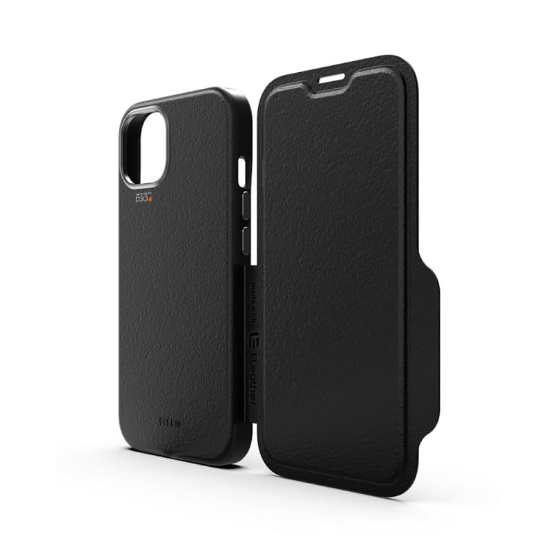 EFM Monaco Leather Wallet Case Armour with D3O 5G Signal Plus For iPhone 13 (6.1") - Black/Space Grey