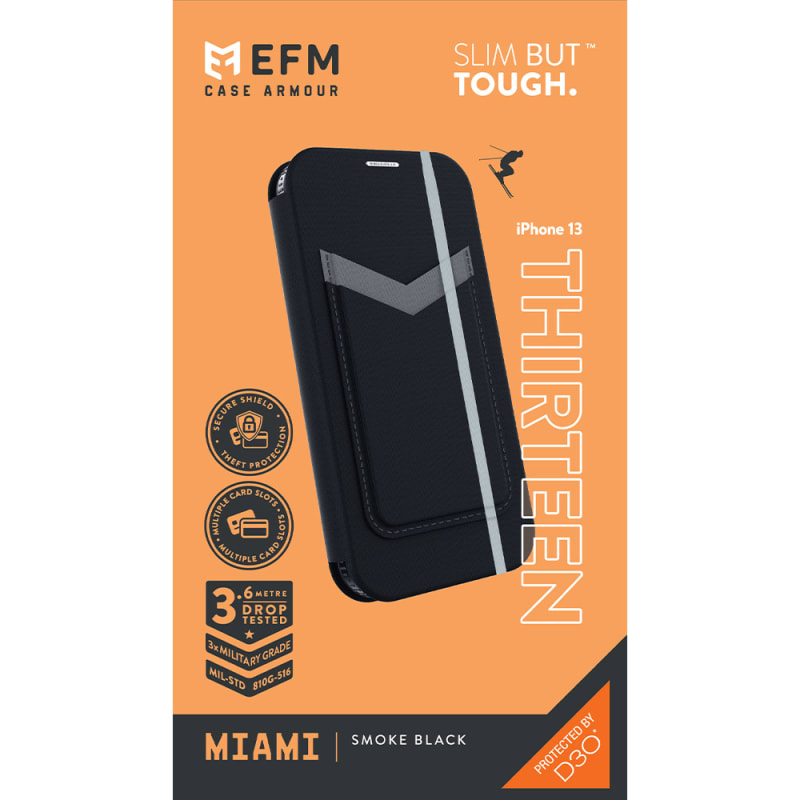 EFM Miami Leather Wallet Case Armour with D3O For iPhone 13 (6.1") - Smoke Black